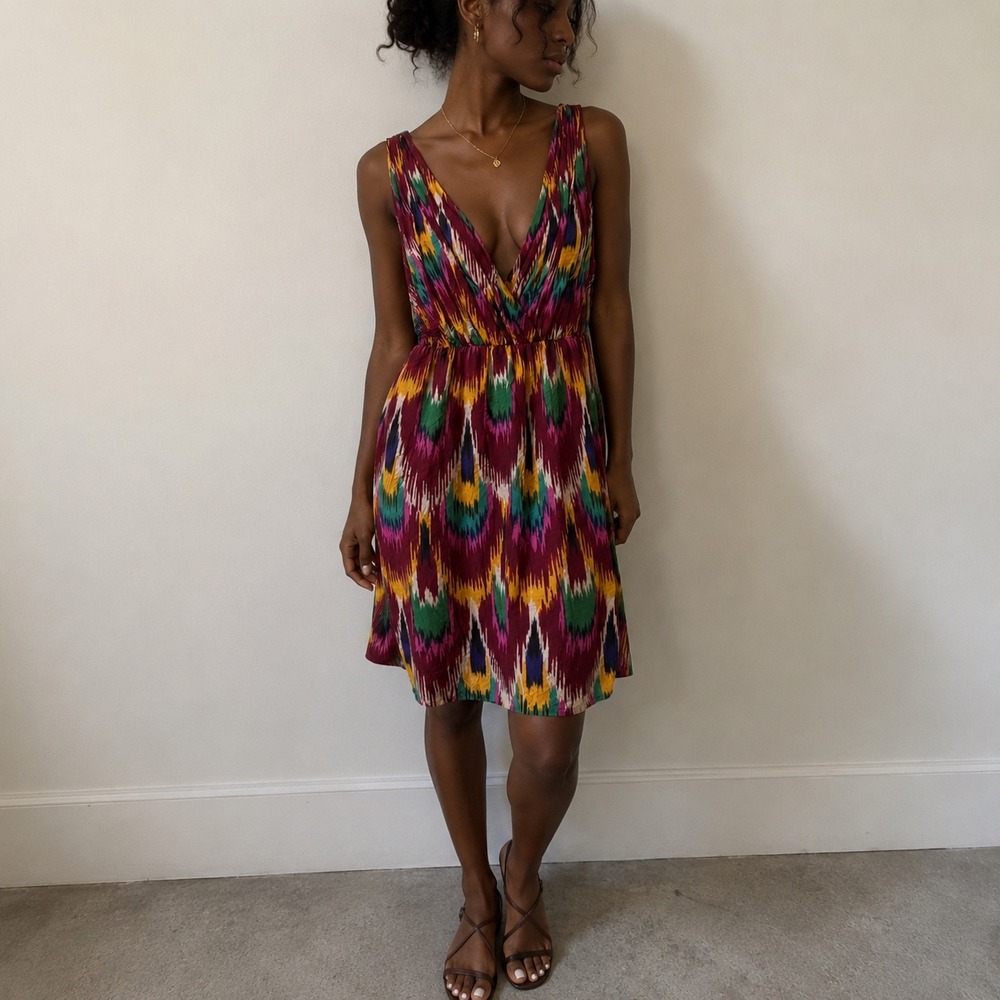 Alice + Olivia Multicolor Ikat Mini Dress V-Neck Back Zip Small‎ Boho Chic